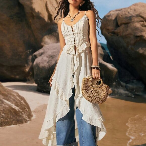 Boho Women's Bohemian Style Vacation V-Neck Semi-Sheer Cami long top - Picture 7 of 8